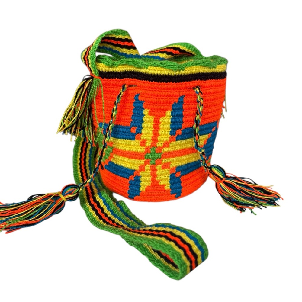 Wayuu Mochila Small Shoulder Bag Purse Bright Orange Blue Green 6x5.5x5.5 New